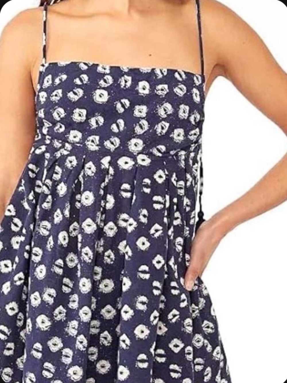 Free People Navy Blue and White Floral Spaghetti Strap Top